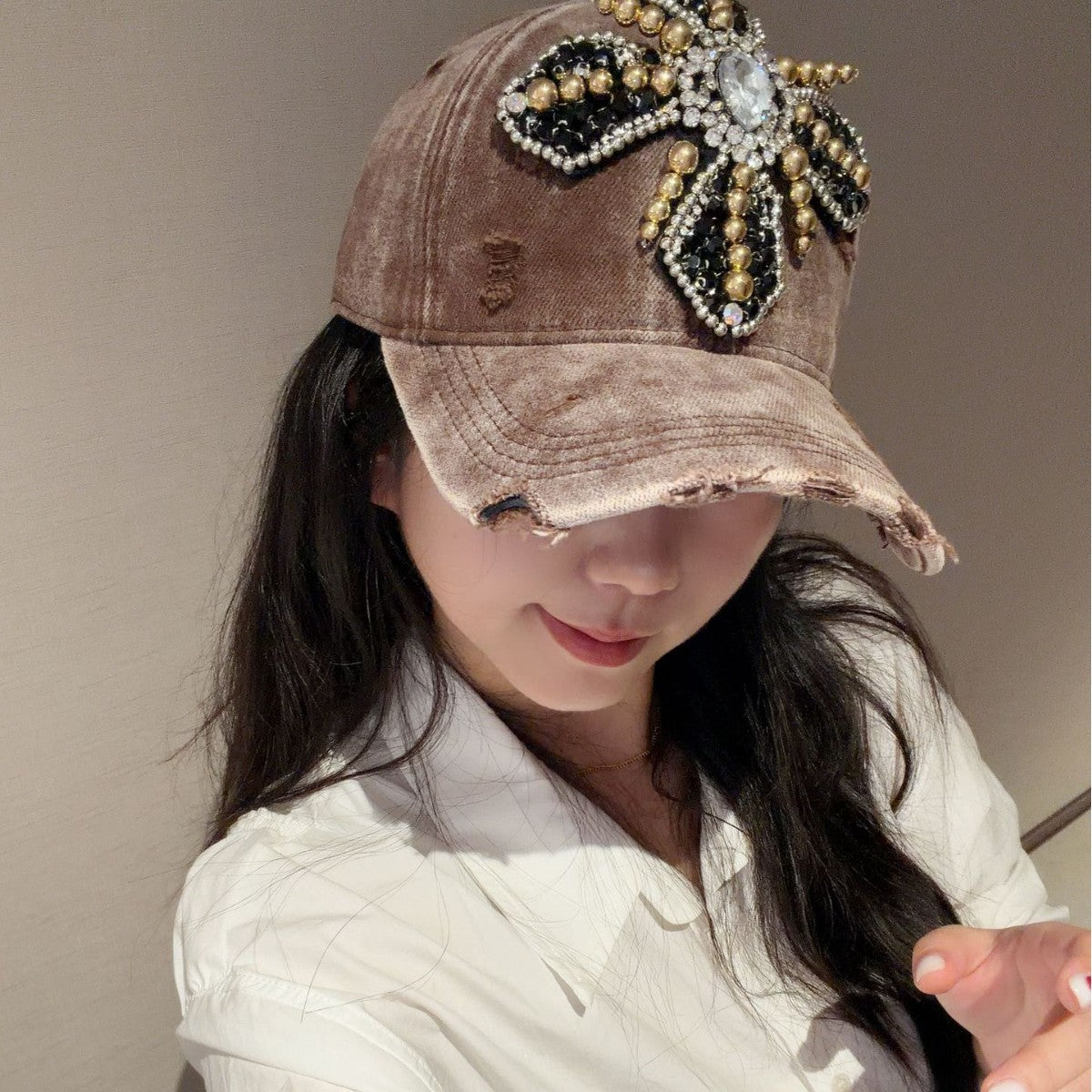 Rhinestone Cross Beaded Distressed Baseball Cap Streetwear Multi‑Style
