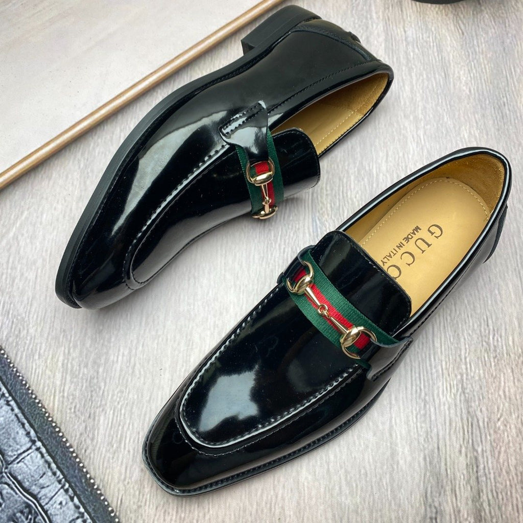 Gucci Black Patent Web Stripe Loafers